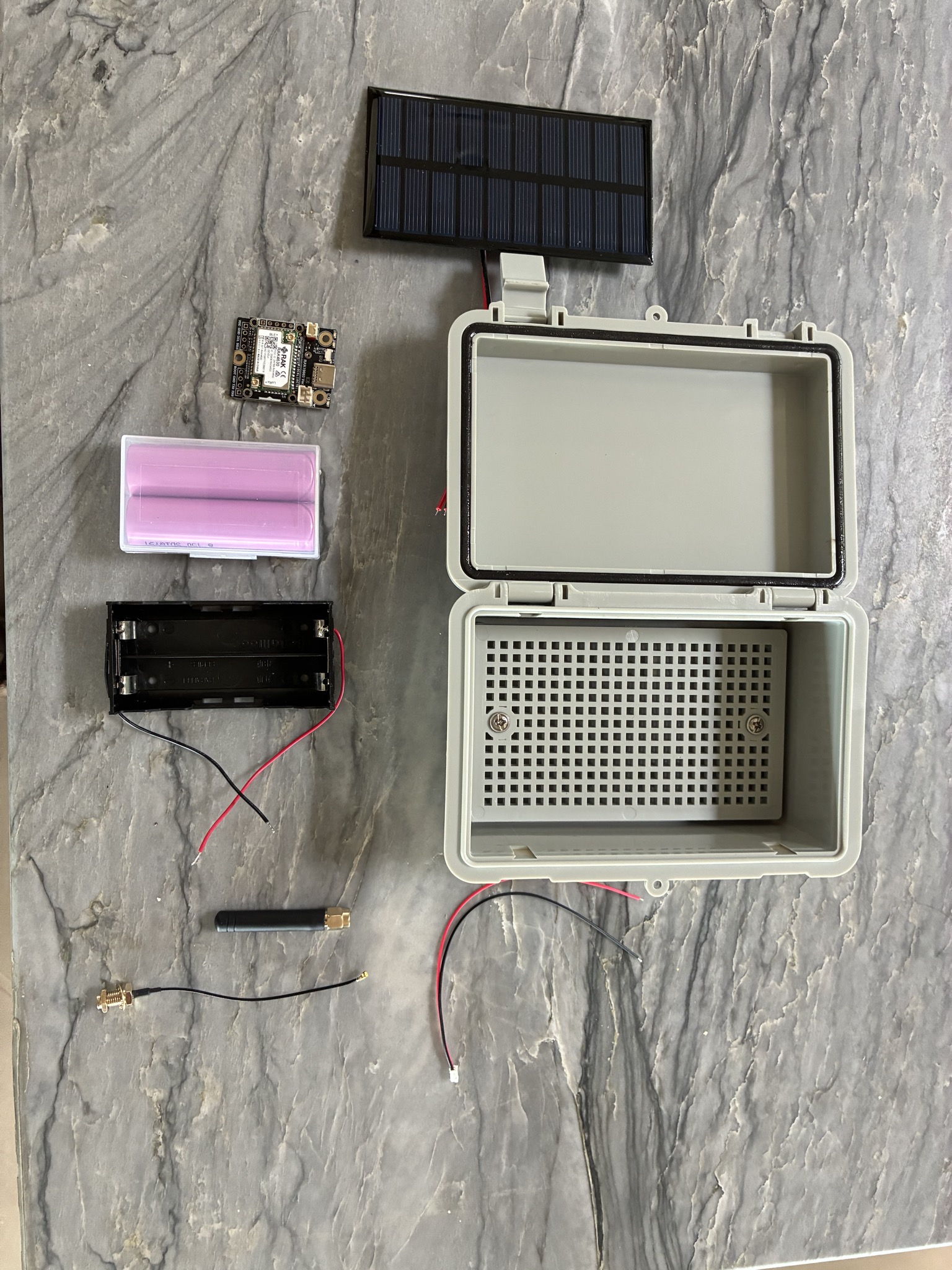 TALON R1 kit contents — RAK4631, solar panel, battery holder, batteries, antenna, IPX pigtail, and enclosure