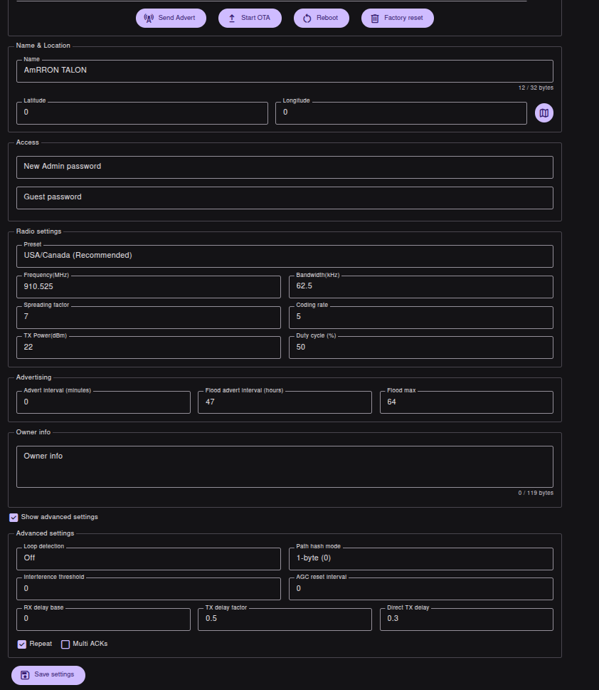 MeshCore repeater configurator field reference